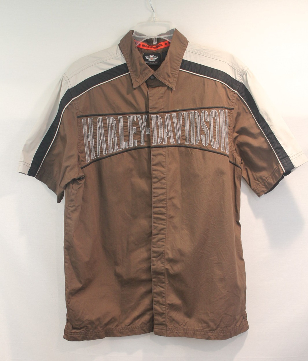 Harley-Davidson Shirt Mens size M Brown Embroidered Snap Up Biker Mechanic Y2K